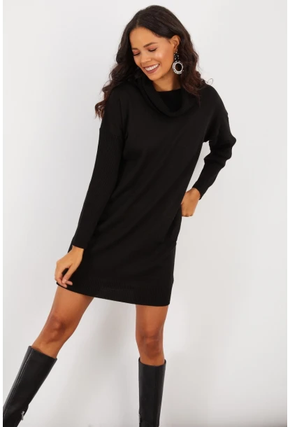 Kadın Siyah Degaje Yaka Triko Mini Elbise YV73