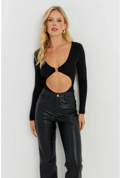 Kadın Siyah Dekolteli Çıtçıtlı Body MEN2026