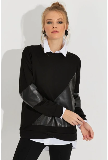 Kadın Siyah Deri Bloklu Sweathirt ST6015
