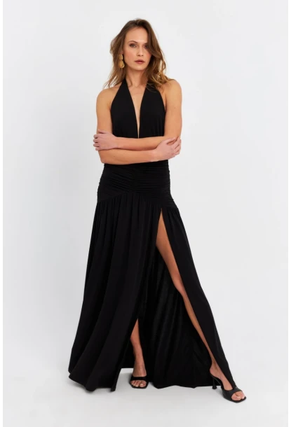 Kadın Siyah Derin Yırtmaçlı Büzgülü Midi Elbise B6008