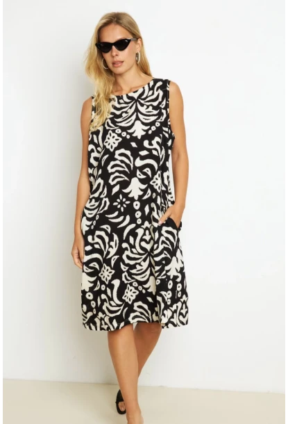 Kadın Siyah Desenli Cepli Midi Elbise YZ1059