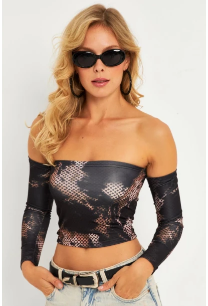 Kadın Siyah Desenli Crop Bluz CG378