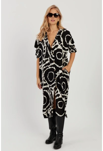 Kadın Siyah Desenli Gömlek Elbise LV174