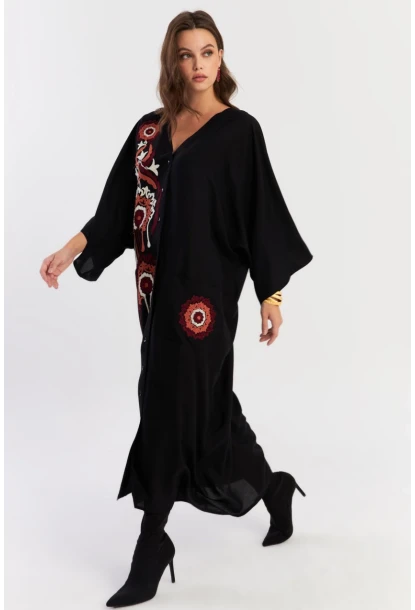 Kadın Siyah Desenli Maxi Dokuma Elbise ALO150