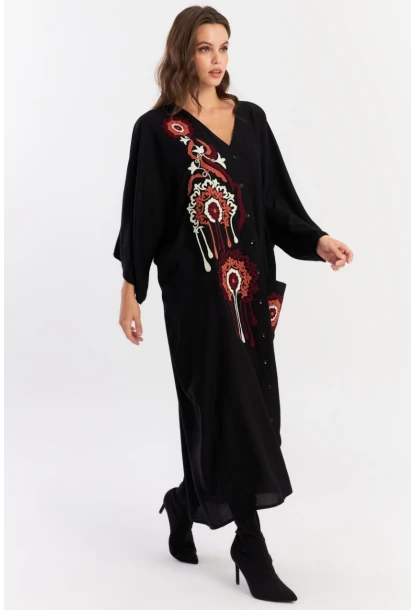 Kadın Siyah Desenli Maxi Dokuma Elbise ALO150