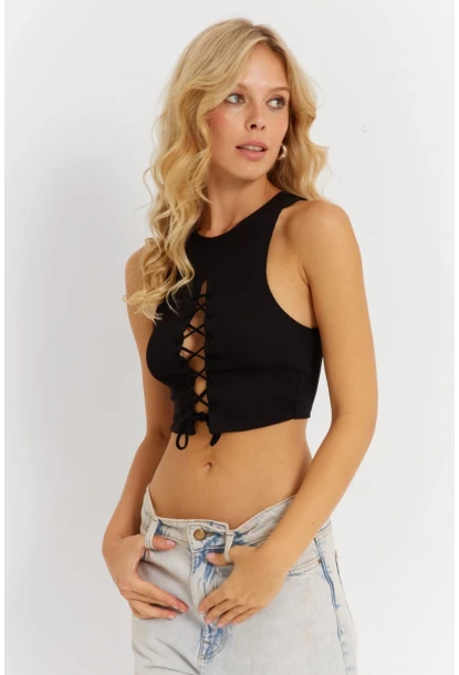 Kadın Siyah Detaylı Crop Bluz AYD375