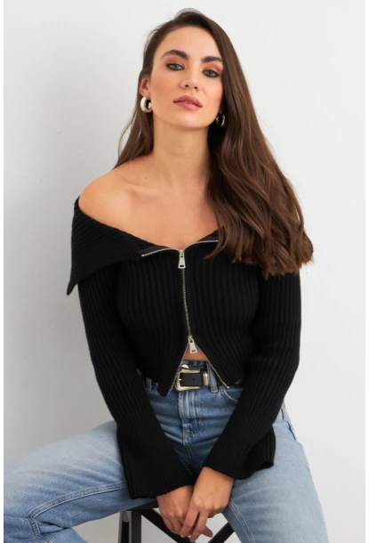 Kadın Siyah Devrik Yaka Kısa Hırka TEM103