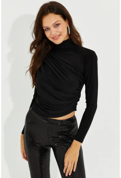 Kadın Siyah Drapeli Bluz LPP1226