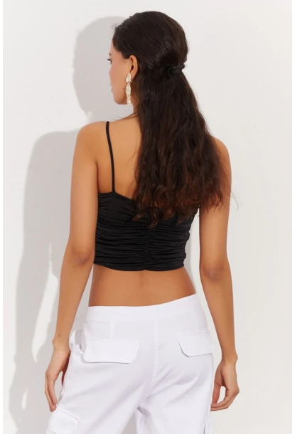 Kadın Siyah Drapeli Crop Bluz LPP1216