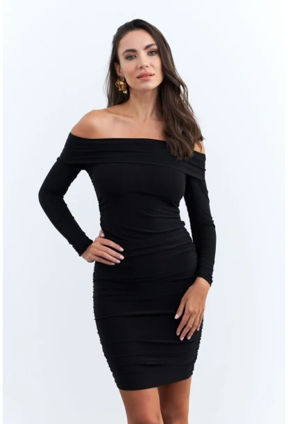 Kadın Siyah Drapeli Degaje Mini Elbise ELT3697