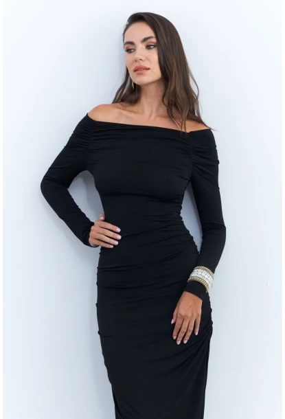 Kadın Siyah Drapeli Maxi Elbise SHR7