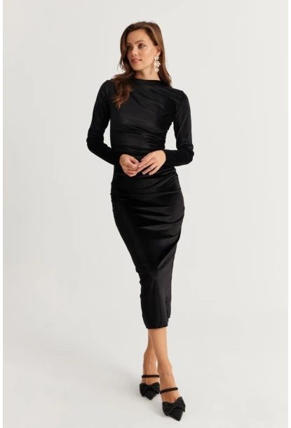 Kadın Siyah Drapeli Midi Elbise MON1113