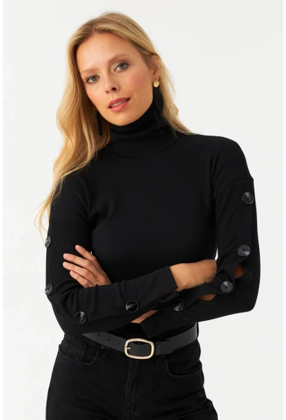 Kadın Siyah Düğme Aksesuarlı Balıkçı Kaşkorse Bluz EY2995