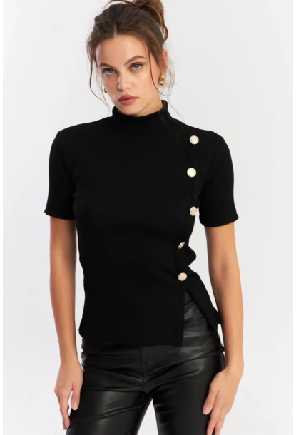 Kadın Siyah Düğme Aksesuarlı Bluz EY2926