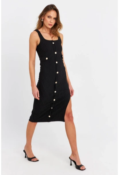 Kadın Siyah Düğme Aksesuarlı Çizgili Midi Elbise SDY1253