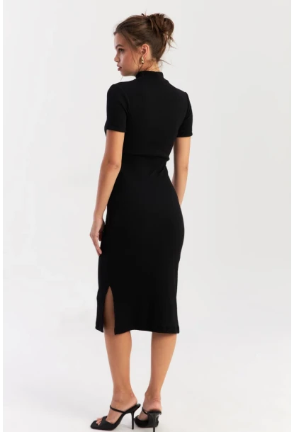Kadın Siyah Düğme Aksesuarlı Kaşkorse Midi Elbise EY2931
