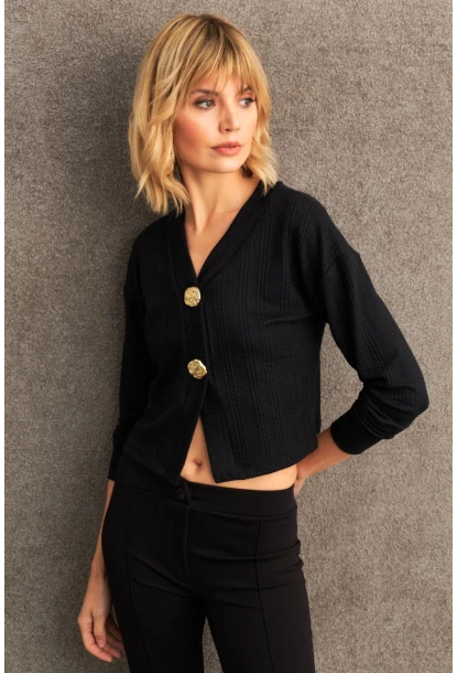 Kadın Siyah Düğme Detaylı Bluz TF57