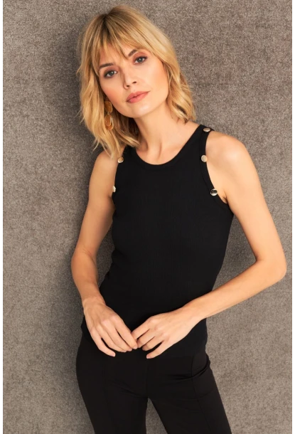 Kadın Siyah Düğme Detaylı Kolsuz Kaşkorse Bluz TF55