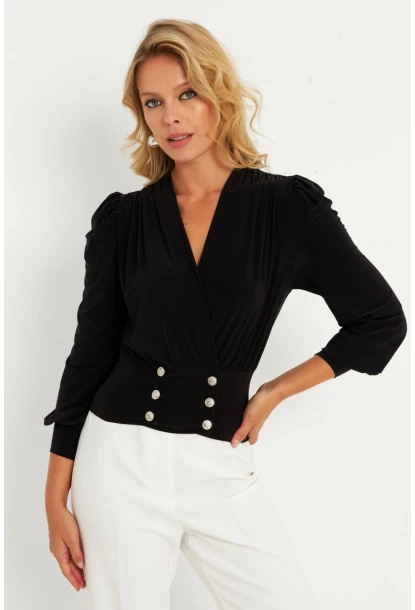 Kadın Siyah Düğme Detaylı Kruvaze Bluz ELT3188