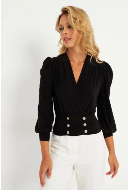 Kadın Siyah Düğme Detaylı Kruvaze Bluz ELT3188