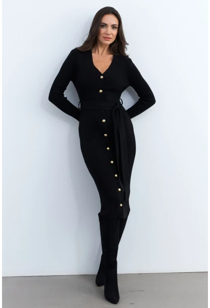 Kadın Siyah Düğme Detaylı Kuşaklı Midi Elbise MŞ1