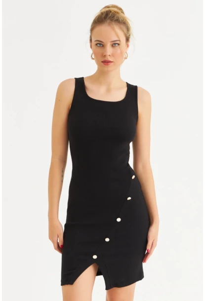 Kadın Siyah Düğme Detaylı Midi Elbise URO1111