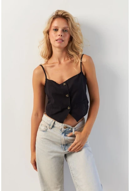 Kadın Siyah Düğmeli İp Askılı Yelek MP20153