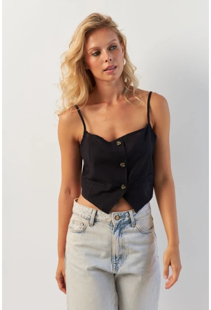 Kadın Siyah Düğmeli İp Askılı Yelek MP20153