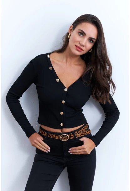 Kadın Siyah Düğmeli Kısa Hırka EY2952