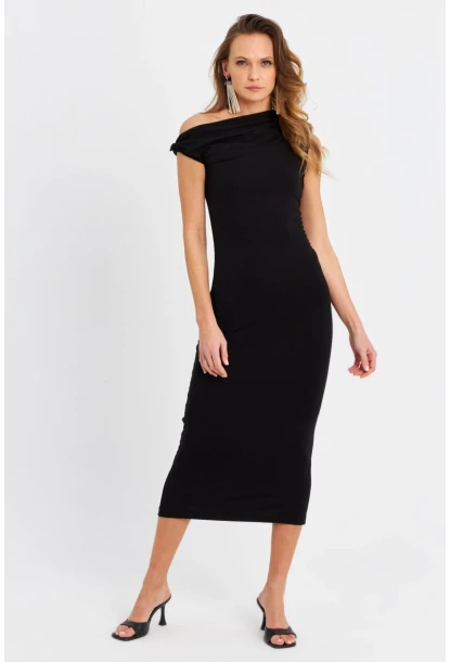 Kadın Siyah Düğümlü Midi Elbise EY3069