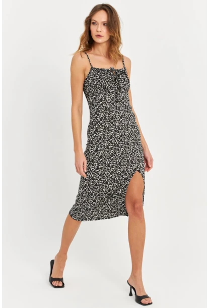 Kadın Siyah-Ekru Askılı Bürümcük Midi Elbise KAB302