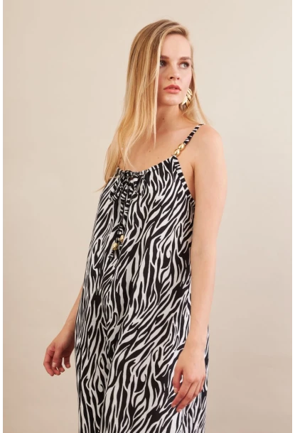 Kadın Siyah-Ekru Boyun Bağlamalı Midi Elbise AN6005