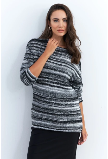 Kadın Siyah-Ekru Çizgili Kazak KAZ28