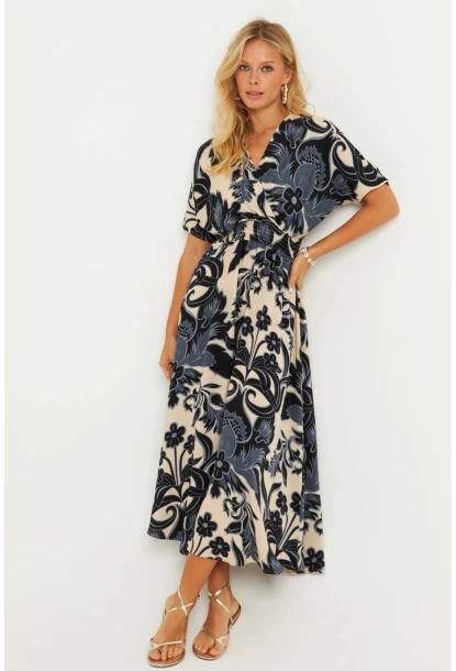 Kadın Siyah-Ekru Desenli Gipeli Midi Elbise YZ1055