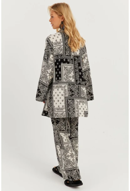 Kadın Siyah-Ekru Desenli Kimono Takım GÇ156