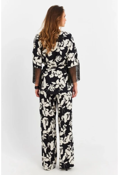 Kadın Siyah-Ekru Desenli Kimono Takım MELT1031