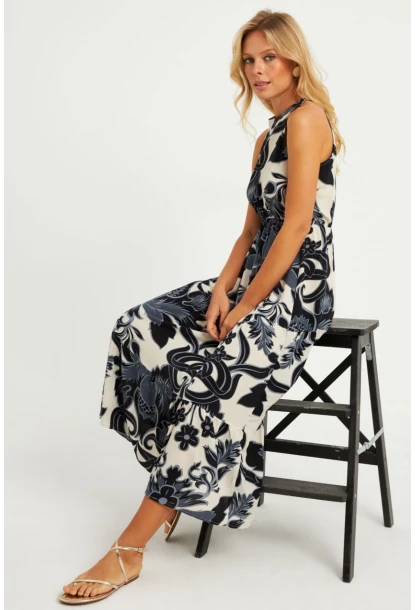 Kadın Siyah-Ekru Desenli Midi Elbise YZ1107