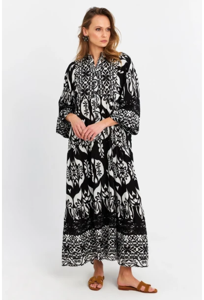 Kadın Siyah-Ekru Desenli Salaş Midi Elbise MALO3002