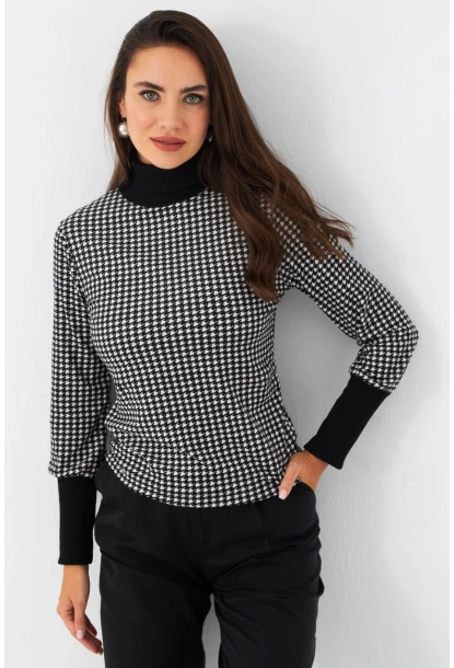 Kadın Siyah-Ekru Kazayağı Balıkçı Bluz EY2972
