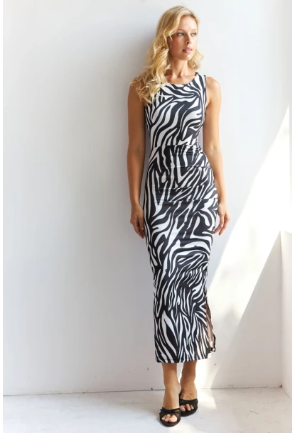 Kadın Siyah-Ekru Önü Büzgülü Desenli Midi Elbise HC1581