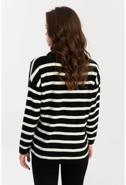 Kadın Siyah-Ekru Polo Yaka Çizgili Triko Kazak SE01