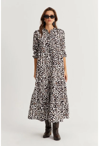 Kadın Siyah-Ekru Volanlı Desenli Maxi Elbise YLE14