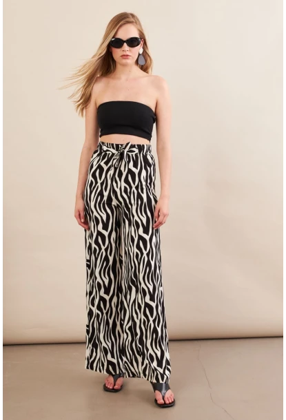 Kadın Siyah-Ekru Zebra Desenli Yüksel Bel Pantolon PİK50