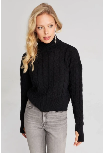 Kadın Siyah Eldivenli Triko Kazak MMİW1318