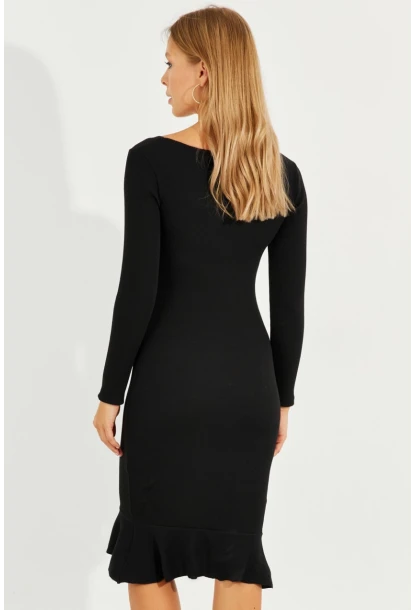 Kadın Siyah Eteği Volanlı Kaşkorse Midi Elbise Yİ2490