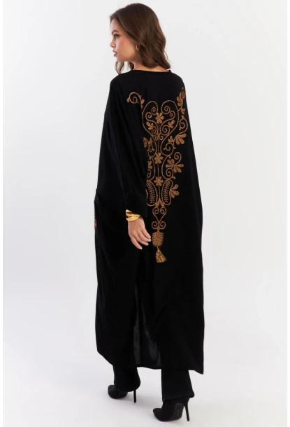 Kadın Siyah Etnik Desenli Maxi Dokuma Elbise ALO318