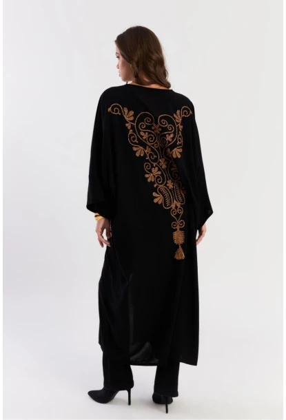 Kadın Siyah Etnik Desenli Maxi Dokuma Elbise ALO318
