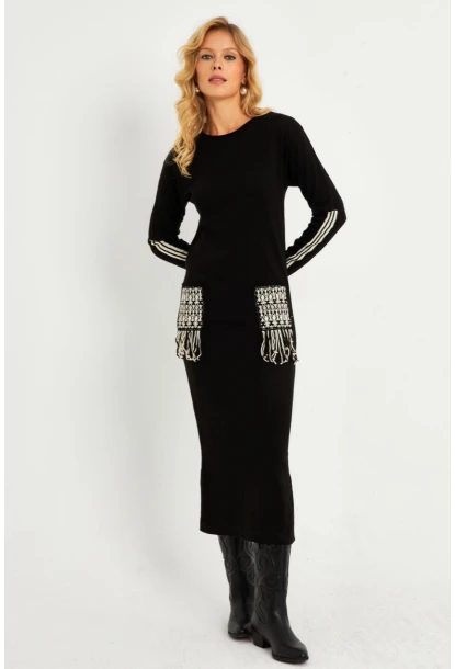 Kadın Siyah Etnik Triko Midi Elbise RH03