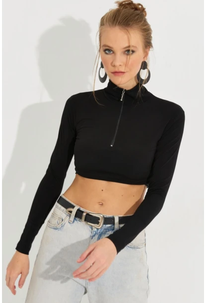 Kadın Siyah Fermuarlı Crop Bluz MEN2020