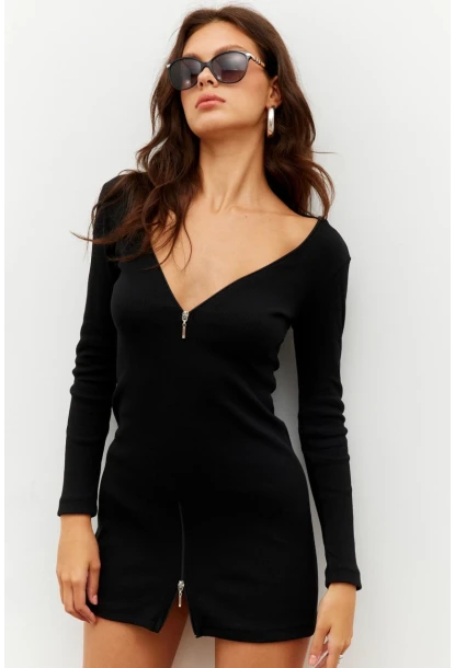 Kadın Siyah Fermuarlı Kaşkorse Mini Elbise EY2530